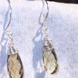 Smoky Quartz Briolette Gemstone Silver Wrap Earrings