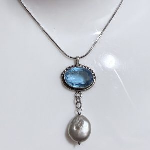 Sterling Silver Oval Blue Topaz Pendant Necklace & Freshwater Pearl