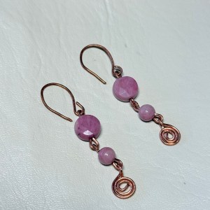 Pink Rhodonite & Copper Spiral Dangle Earrings